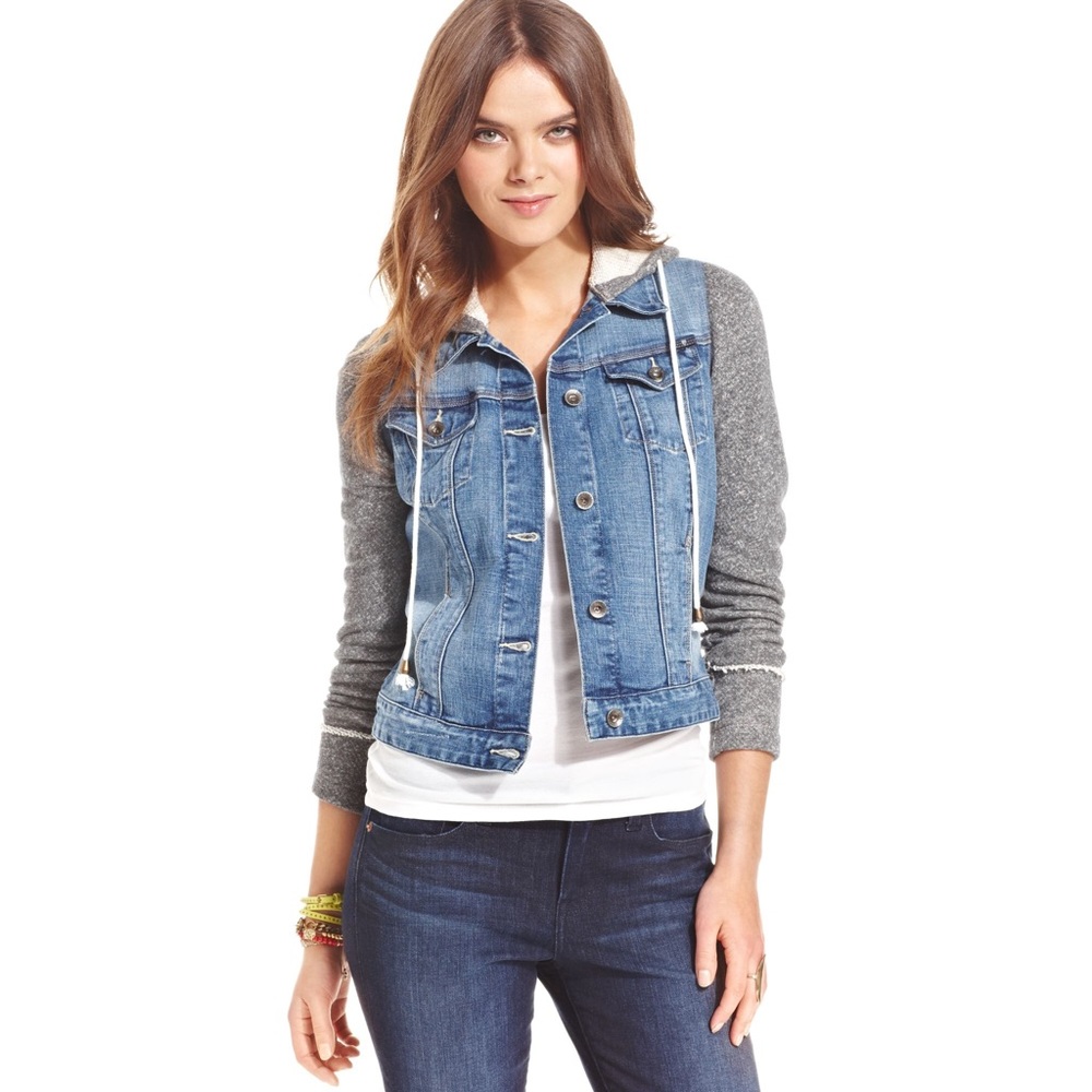 Lucky Brand Blue Denim Jacket with Gray Knit Sleeves